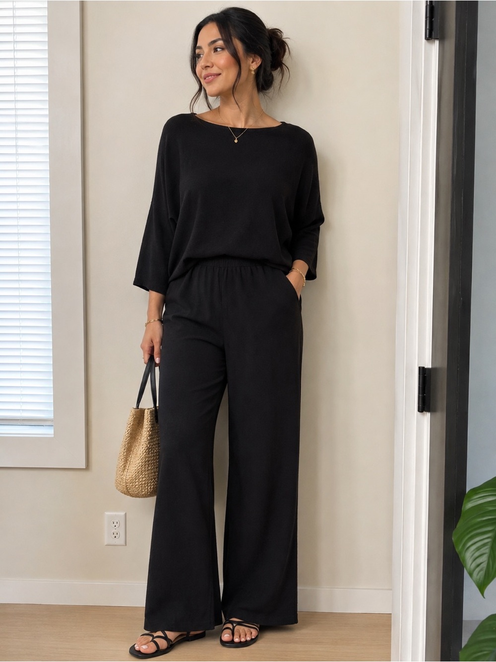 Sioni Black  Cropped Wide-Leg Pants and Top Stretch Size Small Perfect for Fall
